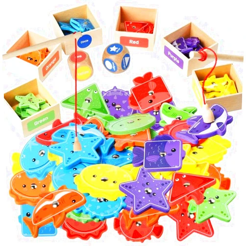Smartwo Montessori Fishing Game for Toddler 1-3,Wooden Magnetic Fishing Game,Early Educational-Shape & Color Sorting Toy for Kid 3-5,Preschool Learning Fine Motor Skill,Classroom Matching Activity