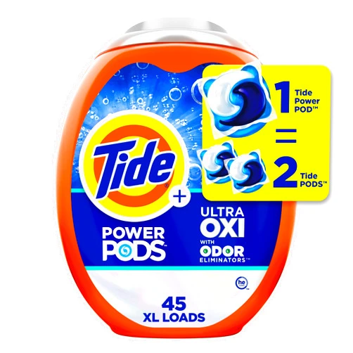 Tide Ultra OXI Power PODS with Odor Eliminators Laundry Detergent Pacs, For Visible and Invisible Dirt, 45 Count, Tide PODS Laundry Detergent, Laundry Pacs