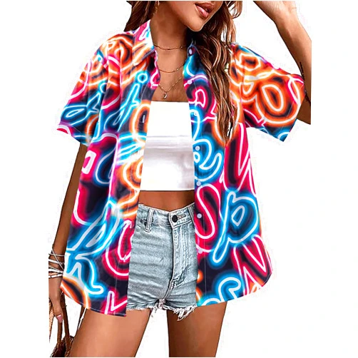 MOUSYA 80s 90s Outfits for Women Retro Theme Party Disco Shirt 80s Hawaiian Shirt Neon Button Down Short Sleeve Blouse Tops