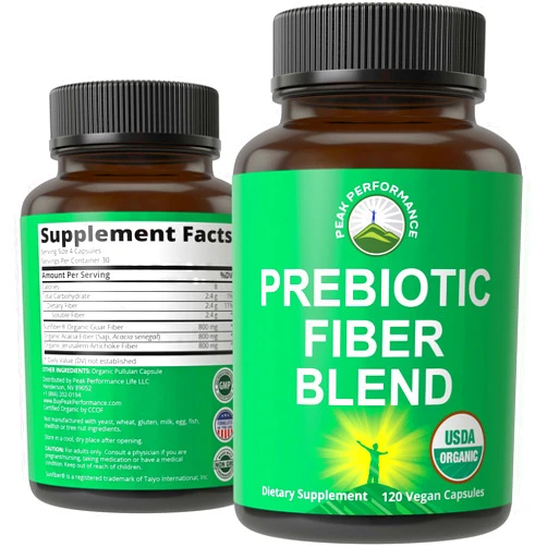 Peak Performance USDA Organic 3-in-1 Prebiotic Fiber - Vegan Capsules for Gut, Digestive Health. Raw Whole Food Plant Based Prebiotics Pills Supplement with Inulin (Jerusalem Artichoke), Acacia Fibers, SunFiber