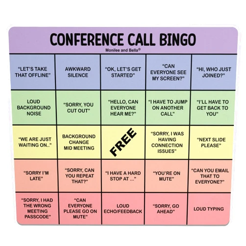 Monilee and Bella Fun and Functional Conference Call Bingo Mouse Pad - Perfect Office Gift for Co-Workers - Spice Up Virtual Meetings with Humor and Efficiency (Rainbow)