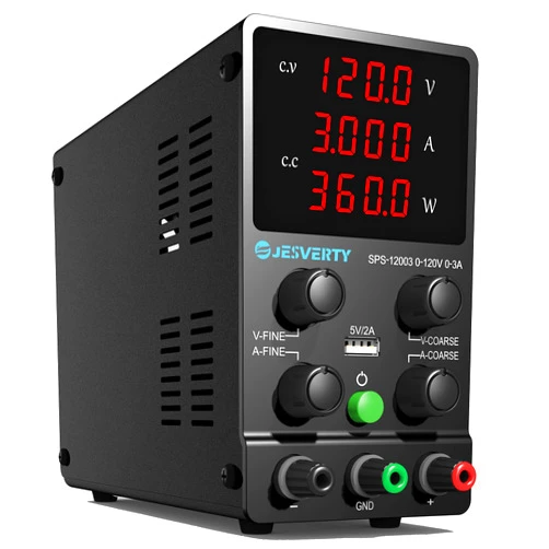Jesverty DC Power Supply Variable, 0-120V 0-3A Adjustable Switching DC Regulated Bench Power Supply with High Precision 4-Digit LED Display, 5V/2A USB Port, Coarse and Fine Adjustment SPS-12003