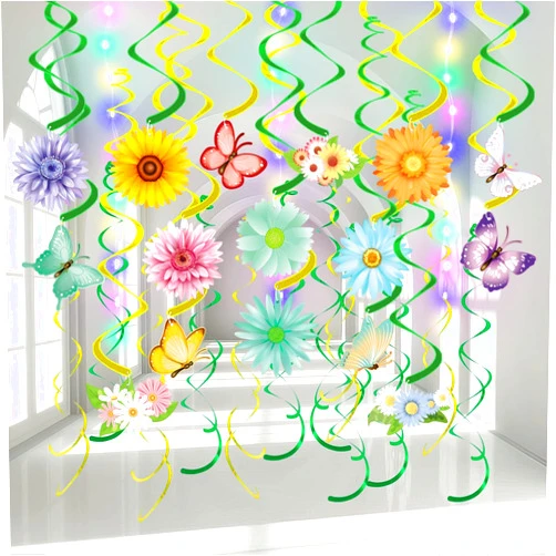 VABAMNA 33pcs Spring Hanging Decorations for Home - Flower Butterfly Hanging Swirls with Led Lights for Spring Summer Easter Flower Butterfly Themed Birthday Party Decorations