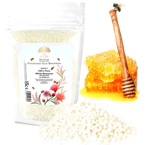 Eco-Lux Essentials Eco Lux White Bees Wax Pellets - 1.1lb, Natural and Organic Beeswax for Skin, Cosmetic Grade - Ideal for Candle Making Lip Balm Sopa Making