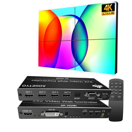 AOGETYO Video Wall Controller,HDMI & DVI 4k Input Makes 4 TV Screens Into 1 Wall Display, 180° Rotate, Extra Audio, IR Remote &RS232+Button Press Control, Video Wall Controller 2x2 4k 1x2,1x3,1x4,2x1,3x1x4x1