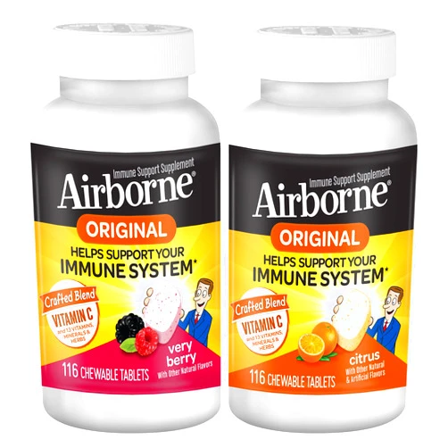 Airborne 1000mg Vitamin C Chewable Tablets Citrus & Very Berry Flavor Bundle - Immune Support Supplement with Zinc and Powerful Antioxidant Vitamins A C & E, (2x116ct bottles)*