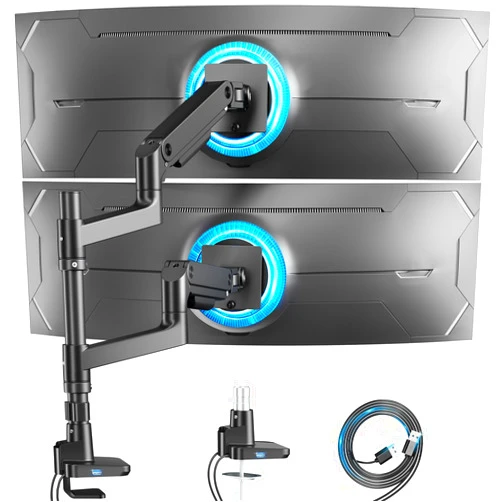 ARES WING Dual Monitor Arm for Ultrawide Heavy Duty Curved Monitor Stacking, Fits 17-49 Inch, Vertical Gas Spring Double Monitor Mount with USB, Adjustable Dual Monitor Mount for Desk, Black