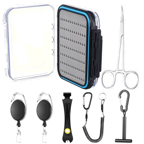 Pickmesh 7 Pcs Fly Fishing Tools Kit and Accessories, Fly Fishing Box, Fly Fishing Tippet Spool Holder, Fly Fishing Nipper, 2 Fishing Zinger Retractor, Fly Fishing Forceps and Fishing Lanyard