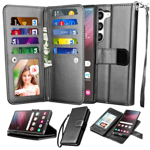 NJJEX Case for Samsung Galaxy S23 Plus, Flip Wallet Folio [9 Card Slots] PU Leather, Magnetic Phone Cover & Lanyard, Detachable Kickstand, Black