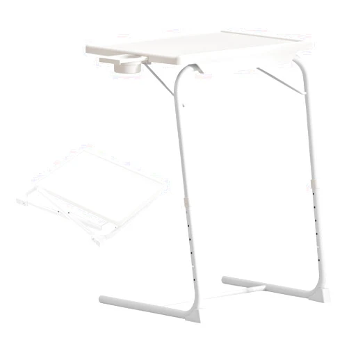 Japard Adjustable TV Tray Table on Bed Sofa, Foldable Portable Bedside Dinner Table with Cup Holder, Adjust 6 Height & 3 Tilt Angle (White - 1 pc)