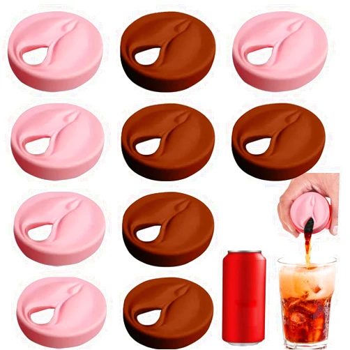 JIETUWYONG 10pcs Vagina-Shaped Silicone Soda Can Lid - Bachelor Party Novelty Gifts, Prank Gag Gifts for Adults, Reusable Standard Can Cover for Men & Women Drinking Games Accessories (Brown + Pink)