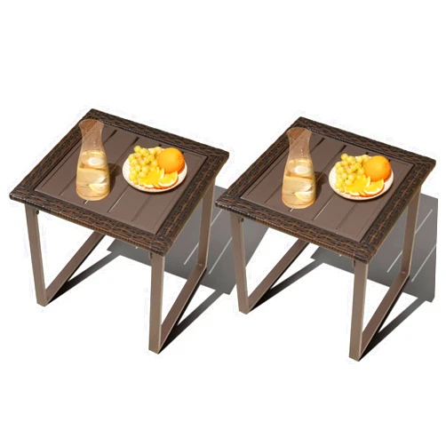 Auzfy Wicker Outdoor Side Table for Patio, 2 Pieces Metal Patio Coffee Table, All Weather Resistant PE Wicker Rattan Porch End Table for Porch Yard Balcony, Brown