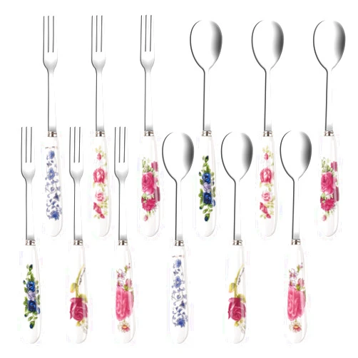 JEPELUS 12 Pieces Forks and Spoons with Ceramics Handle, Stainless Steel Utensils Dessert Spoons and Forks Set for 6, Cutlery Set with Flower Pattern, Flatware Set for Home Restaurant and Kitchen