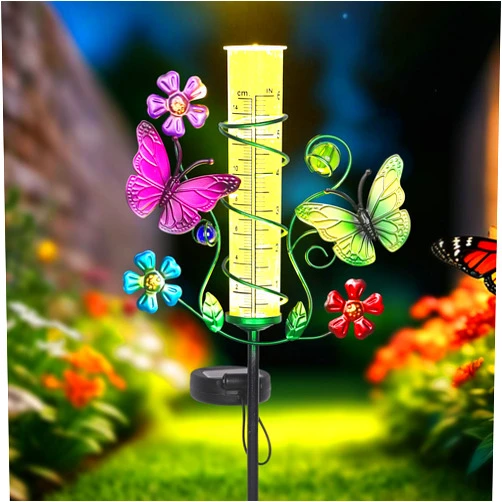 YHSOLAR Butterfly Rain Gauge with 6 Inch Plastic Tube, Accurate Rain Gauges Outdoors Best Rated with LED Solar Lights Rain Measure Tool for Garden, Lawn, Patio