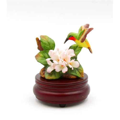 Cosmos Gifts Fine Porcelain Hummingbird with Hydrangea Flowers on Wood Base Music Box Figurine, 5