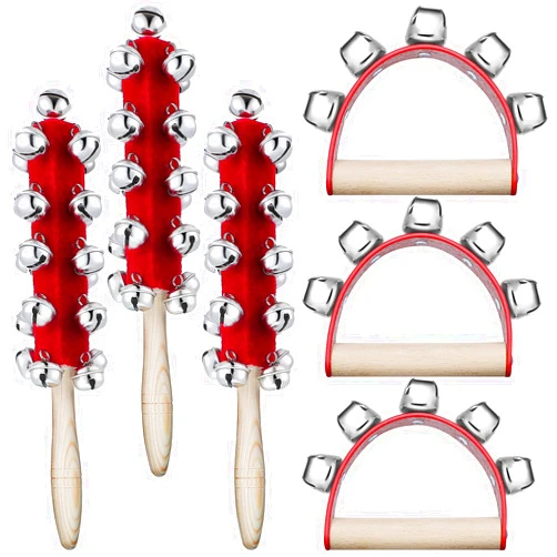 Yeshone 6 Pieces Christmas Hand Jingle Bells Wooden Hand Sleigh Bells Jingle Shaker Bells Handhold Bell Rattles Musical Bell Instruments Handheld Bells Holiday Christmas Decor (Red)