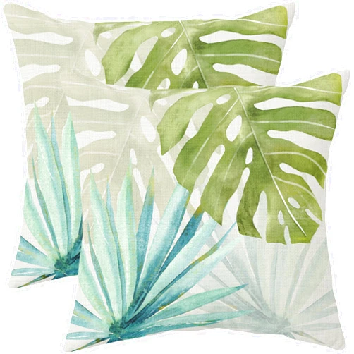 Robvobe Tropical Pillow Covers 18x18 Set of 2 Summer Blue Green Palm Monstera Leaf Outdoor Decorative Throw Pillows Farmhouse Hawaiian Holiday Pillowcases Linen Cushion Case Decor for Home Sofa Couch Bed