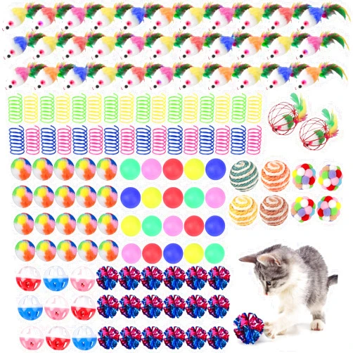 Shappy 150 Pcs Cat Toys Bulk Kitten Toys Pack Variety Funny Interactive Gift Including Mice Rainbow Balls Spring Crinkle Balls for Indoor Cat Kitty Kitten(Classic)