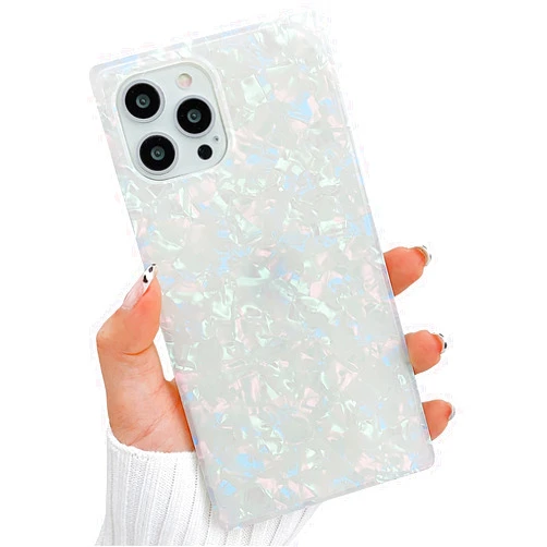 KERZZIL Cute Rectangle Compatible with iPhone 13 Pro Max Case, Slim Coloful Sparkle Glitter Mother Shell Pearl Pattern Translucent Soft TPU Protective Bumper Cases Cover(Pearl)