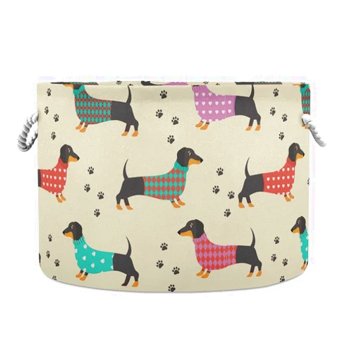 AJINGA Collapsible Round Storage Basket Fabric Toy Chest Organizer, Cute Running Dachshund Dog Laundry Basket with Drawstrings for Kids