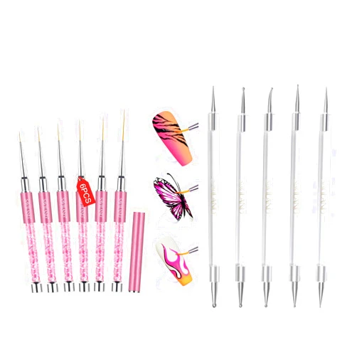 SAVILAND 6pcs Nail Art Liner Brushes & 5pcs Multi-Size Dotting Tools Set - Nail Brush Gel Polish Painting Nail Art Design Brushes Pen with Crushed Diamond Rhinestone Handle for Pulling Lines