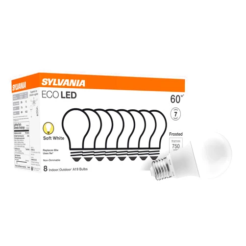 LEDVANCE SYLVANIA ECO LED Light Bulb, A19 60W Equivalent, Efficient 9W, 7 Year, 750 Lumens, 2700K, Non-Dimmable, Frosted, Soft White - 8 Count (Pack of 1) (40821)