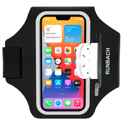 RUNBACH Armband for iPhone 16/16 Pro/15/15 Pro/14/14 Pro/13/13 Pro/13 Mini/12/12 Pro/12 Mini/11/11 Pro/XR/XS/X/SE/8/7/6,Water Resistant Sport Armband with Zipper Slot for Airpods and Car Key (Black)
