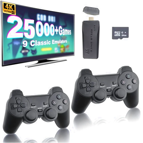 HRYYDS Wireless Retro Game Console, Nostalgia Stick Game, 25,000+ Games & 9 Emulators Built in, Plug and Play Video Games for Tv 4K HDMI (64G)
