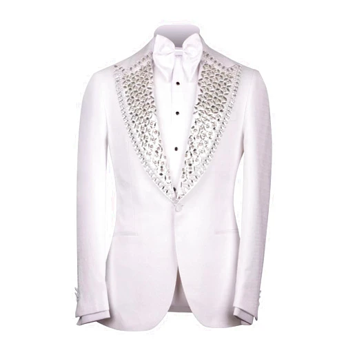 Homhous Men's White Blazer with Rhinestone Formal Wedding Tuxedo Peaked Lapel Single-Breasted