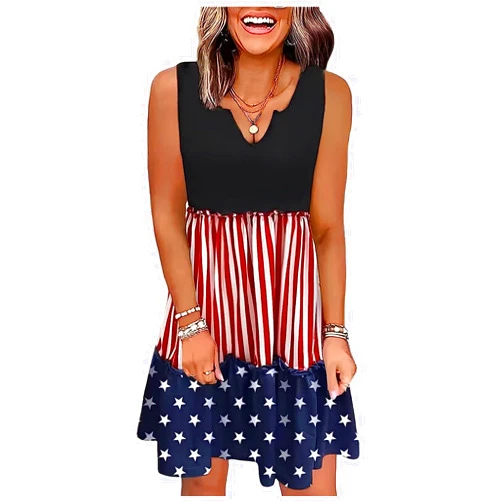 CHUNTIANRAN American Flag Star Vertical Striped Ruffled Mini Dress Women 4th of July Patriotic Dresses Casual Tank Dress