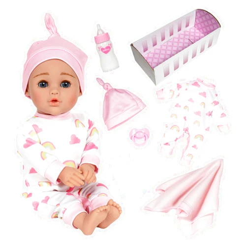 ADORA Rainbow Hugs Doll Set, 13 Inch Baby Doll with Crib Box, Rainbow Print Onesie, Beanie, Pacifier, Diaper, Milk Bottle, and Blanket, for Kids Ages 3 and Up