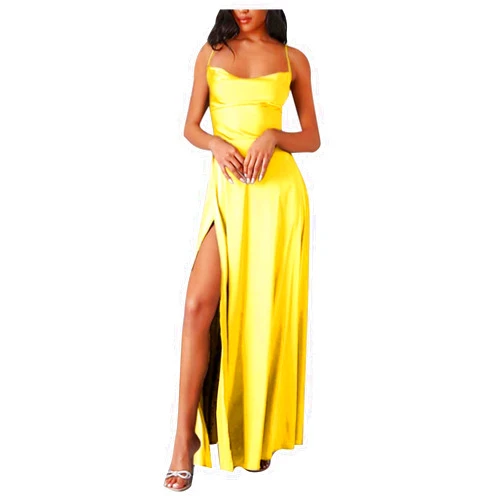 Generic Women Satin Spaghetti Strap Maxi Dress Sexy Backless Sleeveless High Slit Wedding Guest Dresses Midi Dresses Party Dress