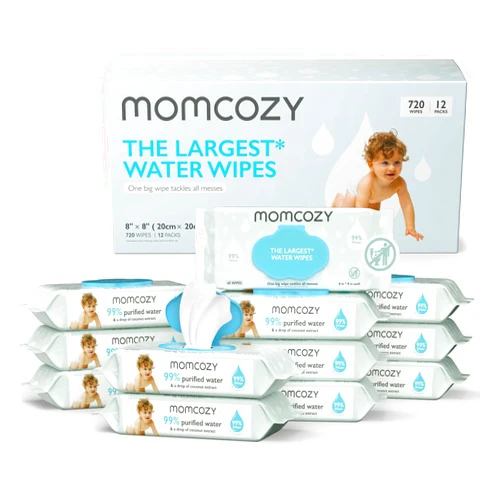 Momcozy Baby Wipes, Momcozy Water Wipes-Extra Large Size Design, 99% Water Based Wipes, Unscented & Hypoallergenic, Cleansing & Moisturizing Baby Wipes for Sensitive Skin, 12 Flip-Top Packs (720 Wipes Total)