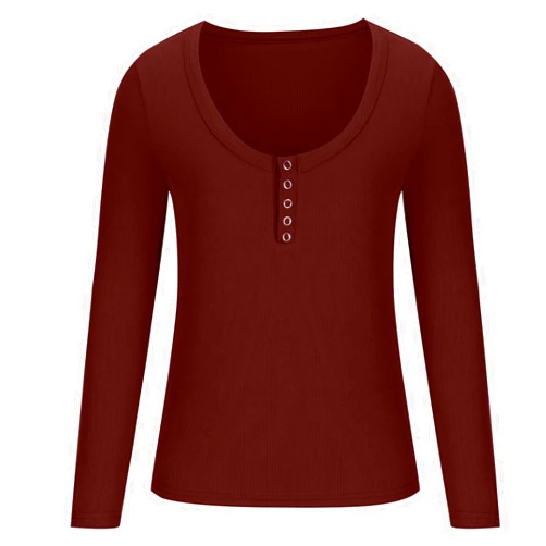Generic Underscrub Long Sleeve Women Ribbed Button Down Blouses Solid Color U Neck Slim Fit Tops Fall Winter Warm Undershirt