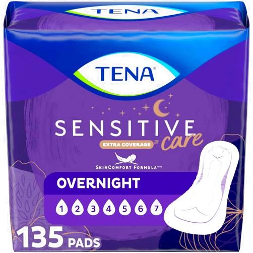 Tena Incontinence Pads, Bladder Control & Postpartum for Women, Overnight Absorbency, Extra Coverage, Sensitive Care - 135 Count