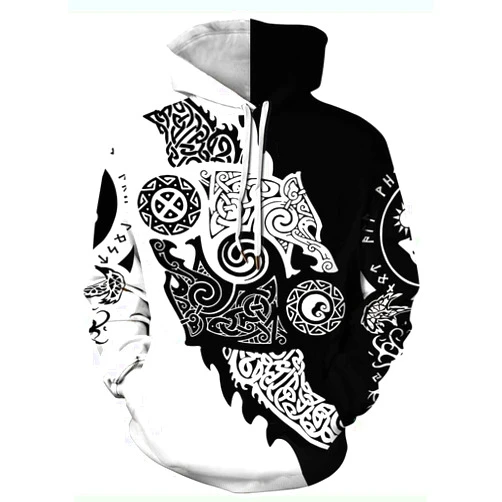 ENLACHIC Men's Viking Totem Hoodie 3D Digital Print Long Sleeve Pullover Sweatshirt Hoodies