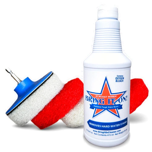Bring It On Cleaner Hard Water Stain Remover, Shower Door Cleaner Plus Scrubbing Drill Pads