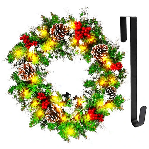 Milukon Christmas Wreath for Front Door, 18inch Pre-lit Artificial Xmas Wreath with Hook, 50 LED Lights&Timer for Door Window Wall Stairs Outdoor Decorations