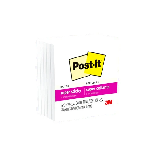 Post-it Super Sticky Notes, 3x3 in, 5 Pads, 2x the Sticking Power, White, Recyclable(654-5SSW)
