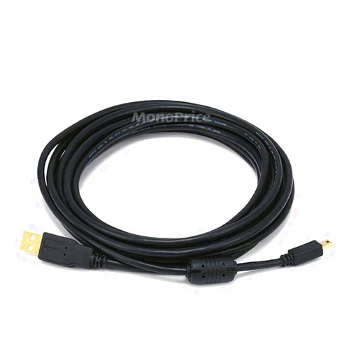 Monoprice USB 2.0 Type-A Male to Mini Type-B 5pin Male Cable - With Ferrite Core, Gold Plated, 28/24AWG, 15 Feet,Black
