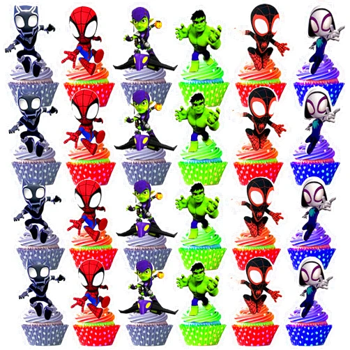 Menipros 48Pcs Spidey Cupcake Toppers for His Amazing Friends Birthday Party Supplies Spidey Friends Theme Party Cake Decorations
