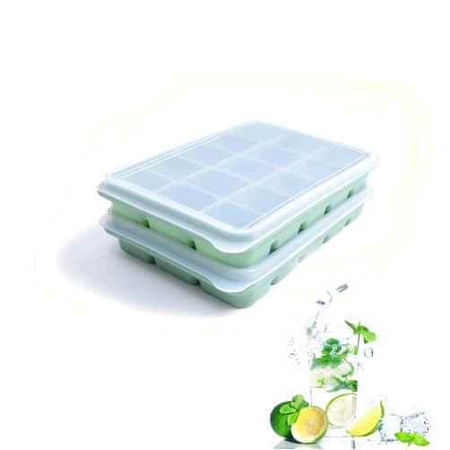Tvmania Ice Cube Trays Set of 2, Easy Release 15 Flexible Silicone Ice Cube Molds with Removable Lid Reusable Freezer Ice Trays Stackable for Whiskey, Baby Food, BPA Free (BAMBOO GREEN)