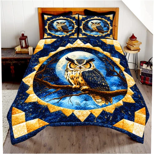 Jeminise Owl Patchwork Pattern Quilt Set, Animals Quilt Set Style, Owl Nights Patchwork Bedding Bedspread, Owls Bedding Full Queen King Size for Bedroom