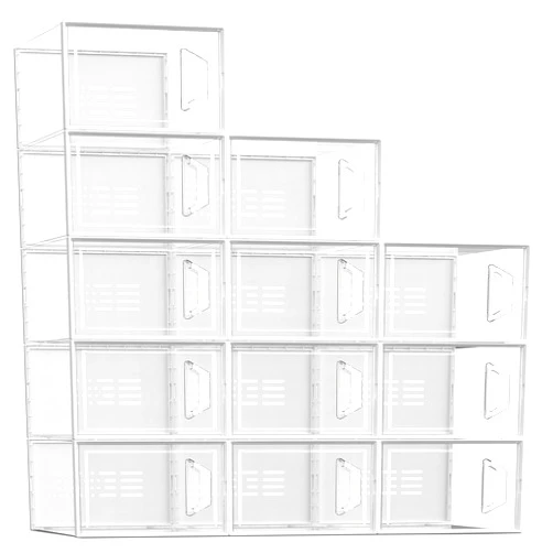 SEE SPRING Large 12 Pack Shoe Storage Box, Shoe Organizer for Closet, Clear Plastic Stackable Shoe Boxes, Space Saving Foldable Sneaker Shoe Rack Containers Bin Holder (Clear)