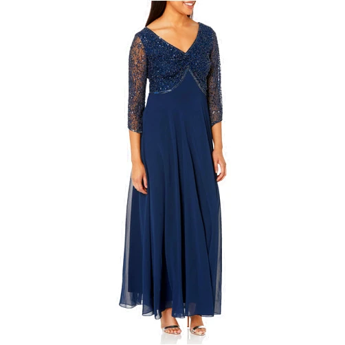 J Kara Women's 3/4 Sleeve V-Neck Beaded Top Long Gown