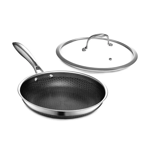 HexClad Hybrid Nonstick 10-Inch Frying Pan with Tempered Glass Lid, Stay-Cool Handle, Dishwasher-Friendly, Oven-Safe Up to 900°F, Induction-Ready, Compatible with All Cooktops