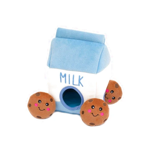 ZippyPaws - Food Buddies Burrow, Interactive Squeaky Hide and Seek Plush Dog Toy - Milk and Cookies