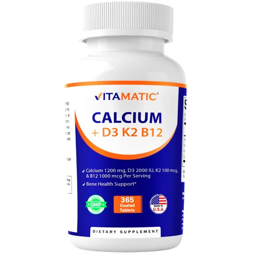 Vitamatic Calcium Supplement 1200mg with D3, K2 & B12, Immune & Bone Health Support - 365 Coated Tablets