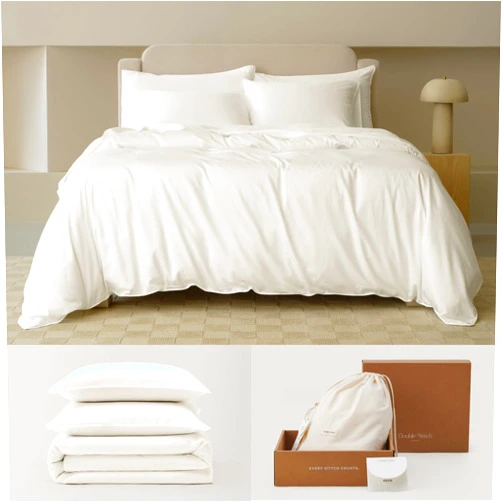 Double Stitch by Bedsure Double Stitch Duvet Cover Cotton Tencel - Luxury Duvet Cover Queen Size, Cooling Comforter Cover Eucalyptus Lyocell, Duvet Cover Set Bedding Set 3 Piece, 1 Duvet Cover, 2 Shams, Cream