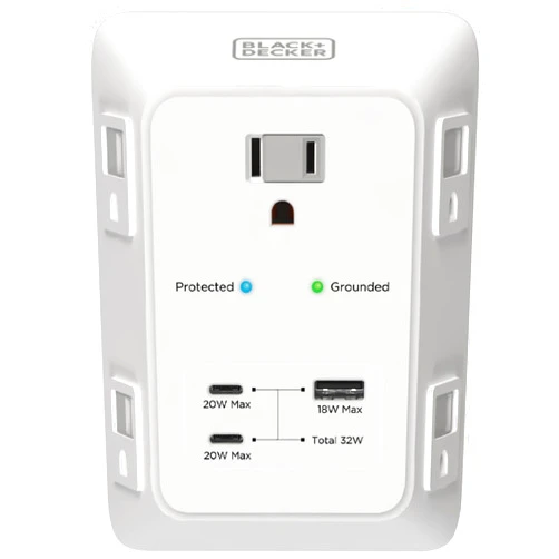 BLACK+DECKER PD USB Wall Charger Surge Protector, 5 Outlet Extender w/ 2 USB C PD & 1 USBA Charging Ports, Fast Charge 3 Sided Power Strip Multi Plug Outlets Wall Adapter for Home Office, ETL Listed